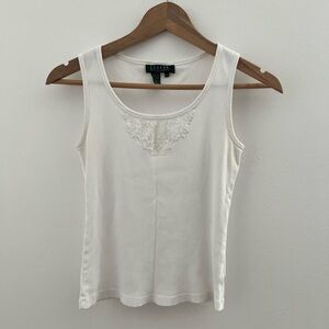 Lauren Ralph Lauren White Embroidered Ribbed Scoop Tank